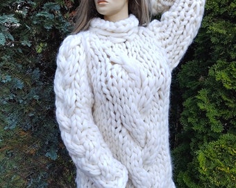 SUPER CHUNKY Hand Knit Cable Sweater from super soft merino wool