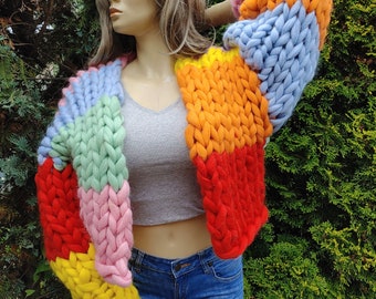 SUPER CHUNKY Patchwork CARDIGAN, gigantisch garenvest van merinowol