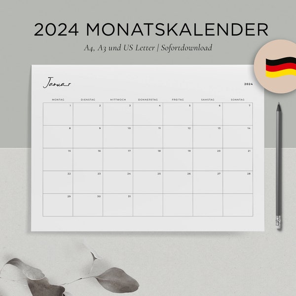 Monatskalender 2024 deutsch, Jahreskalender,  12 Monate, A4 | A3 | US Letter, druckbares PDF, deutschsprachig, einfaches und klares Design