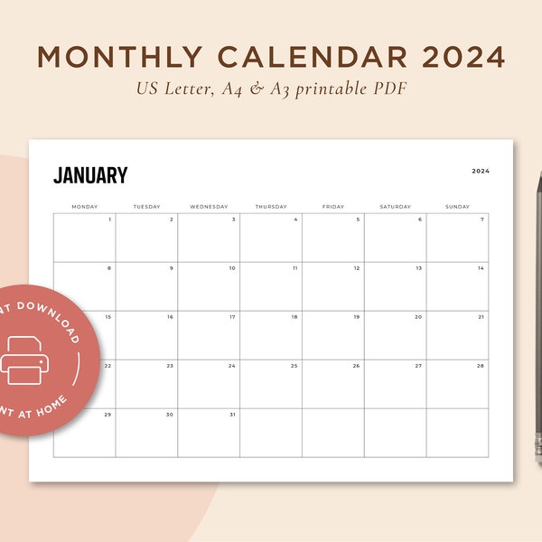 2024 Printable Monthly Planner Landscape, Printable PDF, Year Calendar, US Letter / A4 / A3, Monday Start, Minimal Design Bold Font