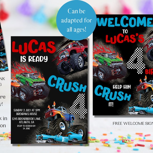 Editable Monster Truck Birthday Invitation Template | Monster Truck Printable | Instant Download Monster Truck Invitations | Any Age