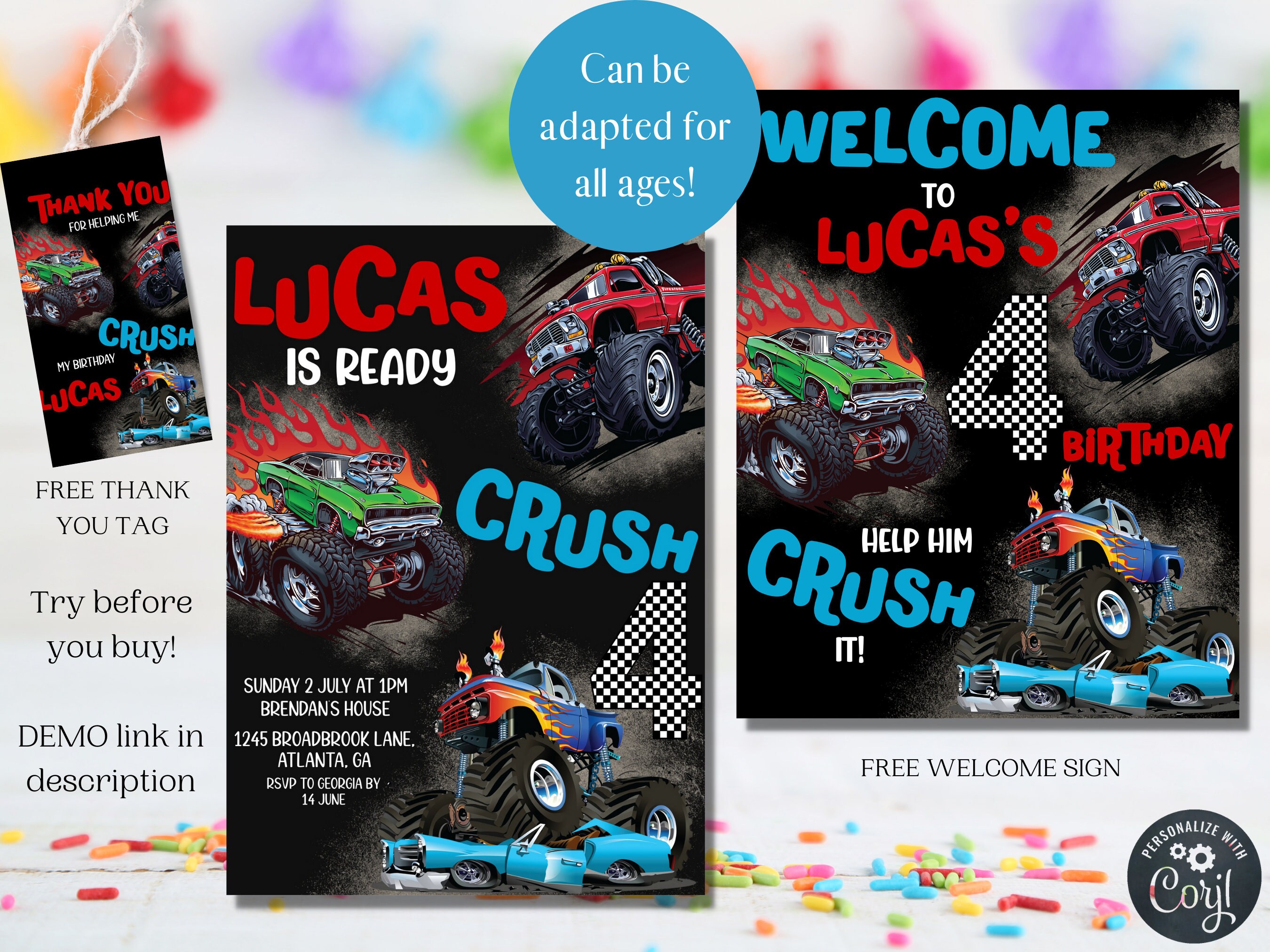 Editable Monster Truck Birthday Invitation Template Monster Truck ...