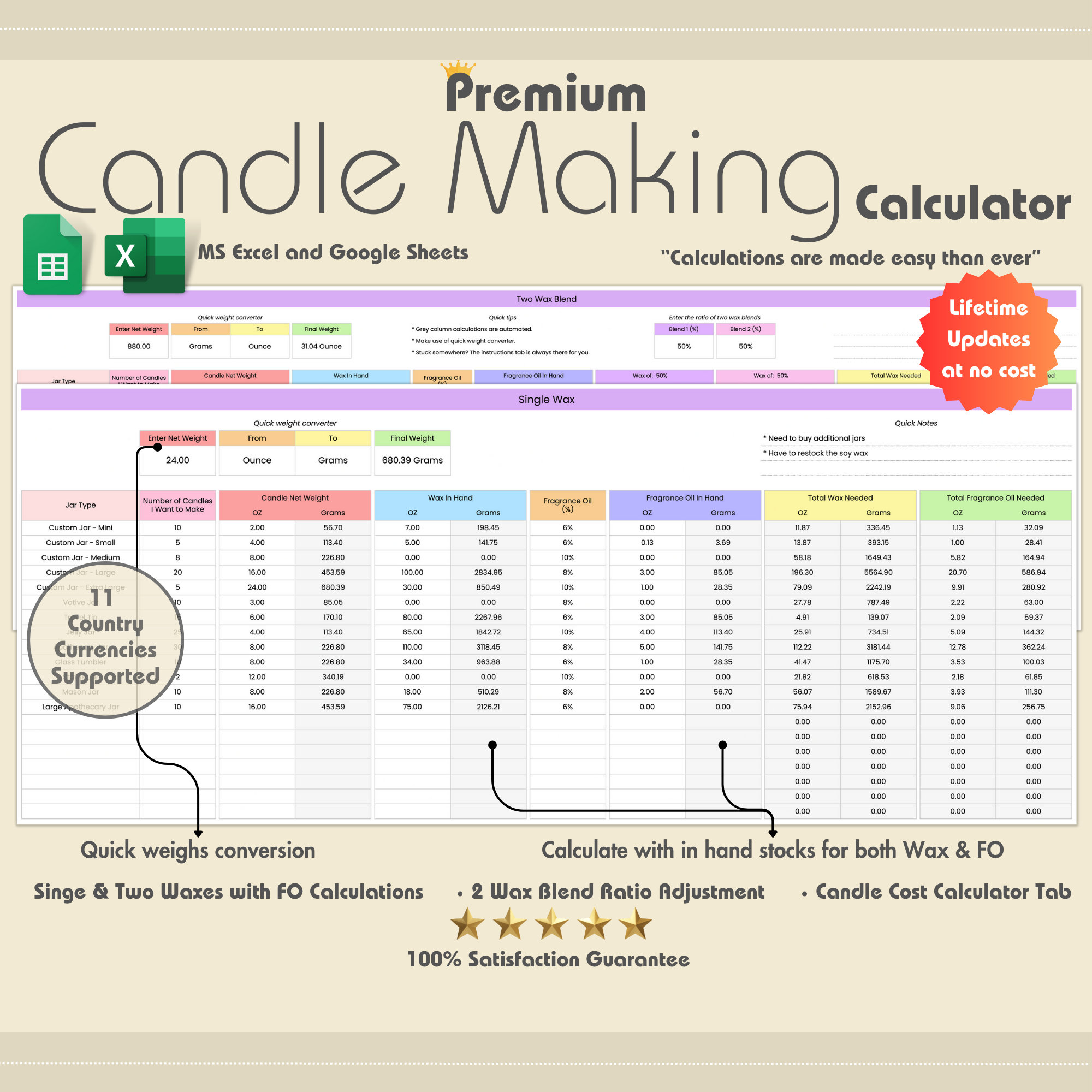 Calculadora de fabricación de velas premium, hoja de trabajo de velas, calculadora de velas, precios de velas, calculadora de cera de velas, costo de velas, Excel, tema 1