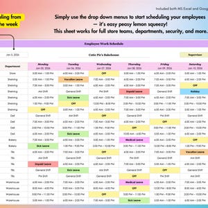 Employee schedule template with shifts and roles, easy to customize for teams, departments, or stores.