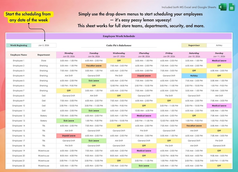 Employee schedule template with shifts and roles, easy to customize for teams, departments, or stores.