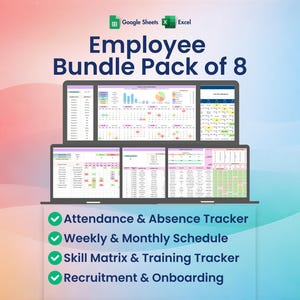Employee HR Bundle Pack, Excel & Google Sheets, 8 Template Toolkit, Attendance, Scheduling, Recruitment, Training