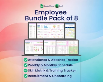 Employee HR Bundle Pack, Excel & Google Sheets, 8 Template Toolkit, Attendance, Scheduling, Recruitment, Training
