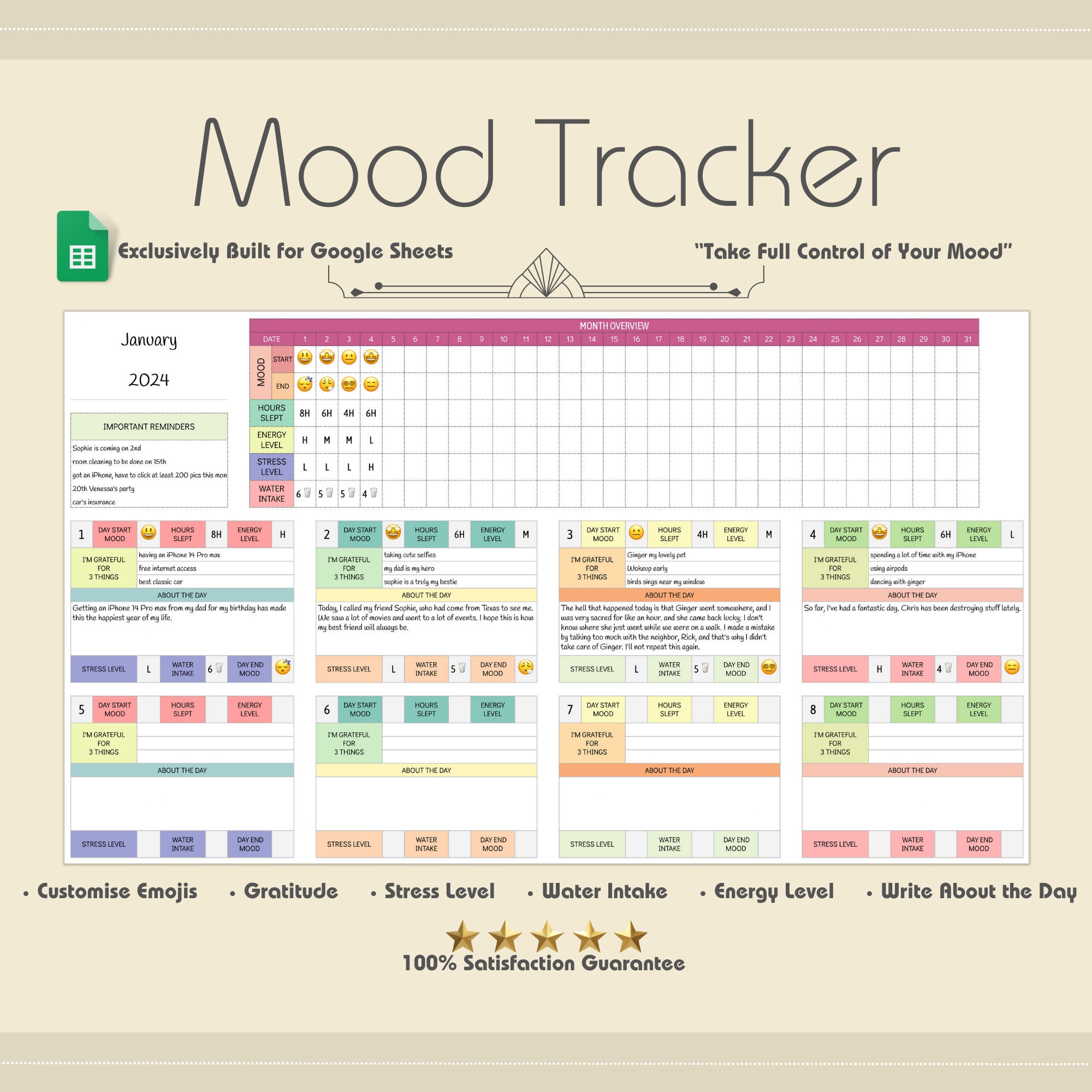 Mood Journal Spreadsheet for Google Sheets Daily Mood Tracker Template ...