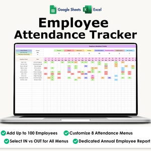 Employee Attendance Tracker, Excel, Google Sheets, Absence, Sick Leave, Early Out, Late In,