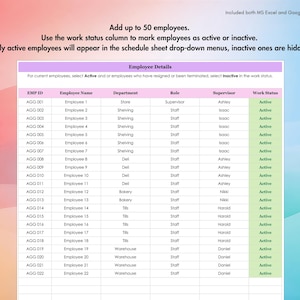 Employee schedule template with shifts and roles, easy to customize for teams, departments, or stores.