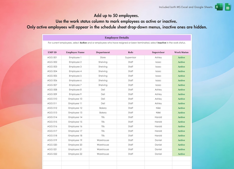 Employee schedule template with shifts and roles, easy to customize for teams, departments, or stores.