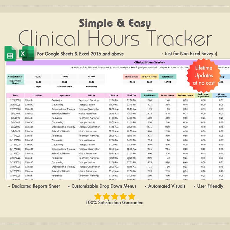 Clinical Hours Tracker Spreadsheet, Excel, Google Sheets, Social Work