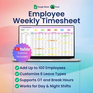 Folha de ponto semanal do funcionário Excel, Planilhas Google, Taxa horária, Horas de intervalo, Pagamento de horas extras, Registro de trabalho,