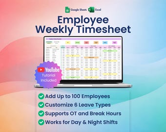 Employee Weekly Timesheet Excel, Google Sheets, Hourly Rate, Break Hours, Overtime Pay, Work log,