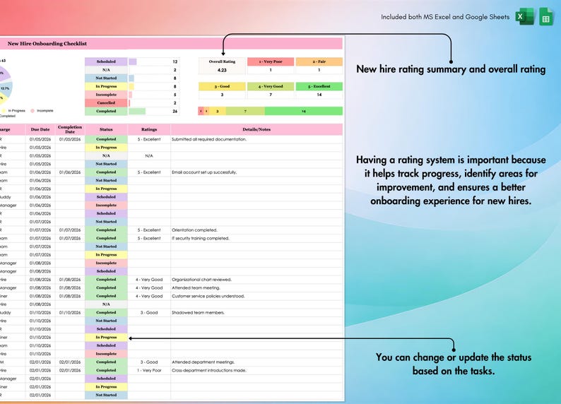 New Hire Onboarding Checklist, Excel, Google Sheets, Employee Process, HR Templates, Hiring Plan, Theme 2