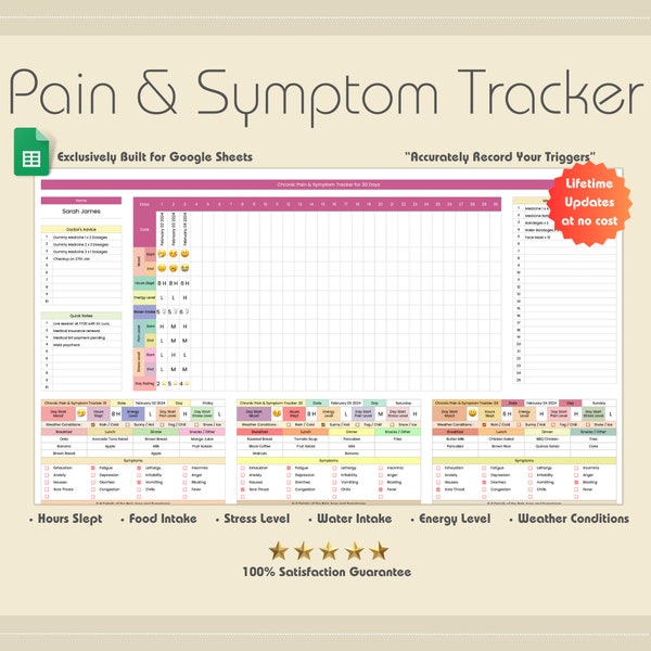 Chronic Pain Tracker, Symptom Tracker Spreadsheet, Google Sheets, Health Tracker, Food Sensitivity Tracker, Pain Tracker, Mood Track