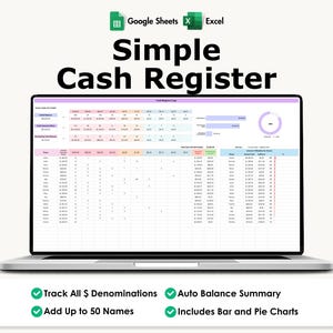 Registratore di cassa Fogli Google Excel Tracciatore di cassa Contatore delle denominazioni Registro di cassa dei dipendenti Bilancio