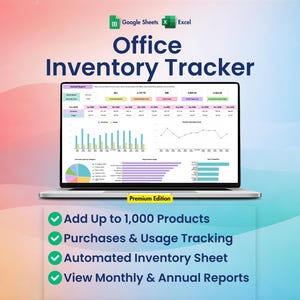 Peut inclure: Un ordinateur portable affichant une feuille de calcul Office Inventory Tracker pour Google Sheets et Excel. L'écran présente des tableaux de données, des graphiques à barres et un diagramme circulaire. Sous l'ordinateur, le texte liste les fonctionnalités : Add Up to 1,000 Products, Purchases & Usage Tracking, Automated Inventory Sheet, et View Monthly & Annual Reports.