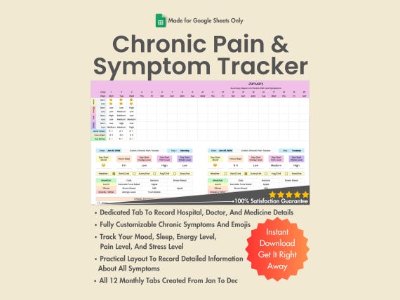 Chronic Pain & Symptom Tracker for Google Sheets, Track Mood, Sleep, Stress Level, Energy Level,
