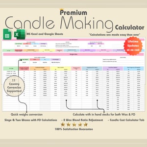 Puede incluir: Una hoja de cálculo para cálculos de elaboración de velas en Microsoft Excel y Google Sheets. La hoja de cálculo incluye un convertidor de peso rápido, un ajuste de la proporción de mezcla de cera simple y una pestaña de cálculo del costo de las velas. La hoja de cálculo está diseñada para facilitar los cálculos de elaboración de velas.