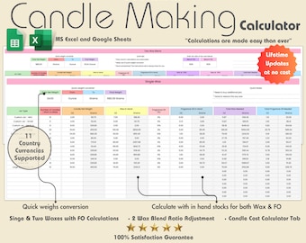 Calculadora de fabricación de velas premium, hoja de trabajo de velas, calculadora de velas, precio de velas, calculadora de cera de velas, costo de velas, Excel, tema 2