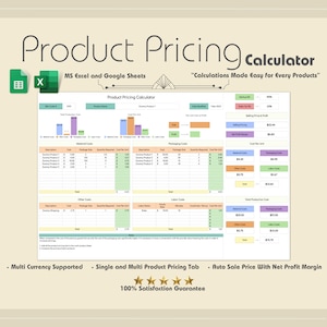 Foglio di calcolo del calcolatore dei prezzi dei prodotti, calcolatore dei prezzi, foglio di lavoro dei prezzi, menu dei prezzi, calcolatore dei profitti, costo del prodotto, modello Excel