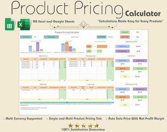 Hoja de cálculo para calcular el precio de un producto, Calculadora de precios, Hoja de cálculo de precios, Menú de precios, Calculadora de ganancias, Costo del producto, Plantilla de Excel