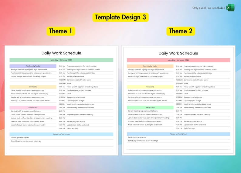 Employee Work Schedule for Excel | 4 Different Designs Spreadsheet Templates Included