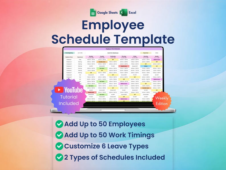 Employee schedule template with shifts and roles, easy to customize for teams, departments, or stores.