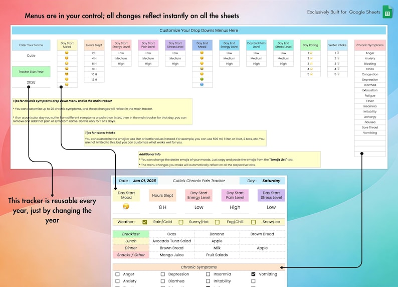 Chronic Pain & Symptom Tracker for Google Sheets, Track Mood, Sleep, Stress Level, Energy Level,