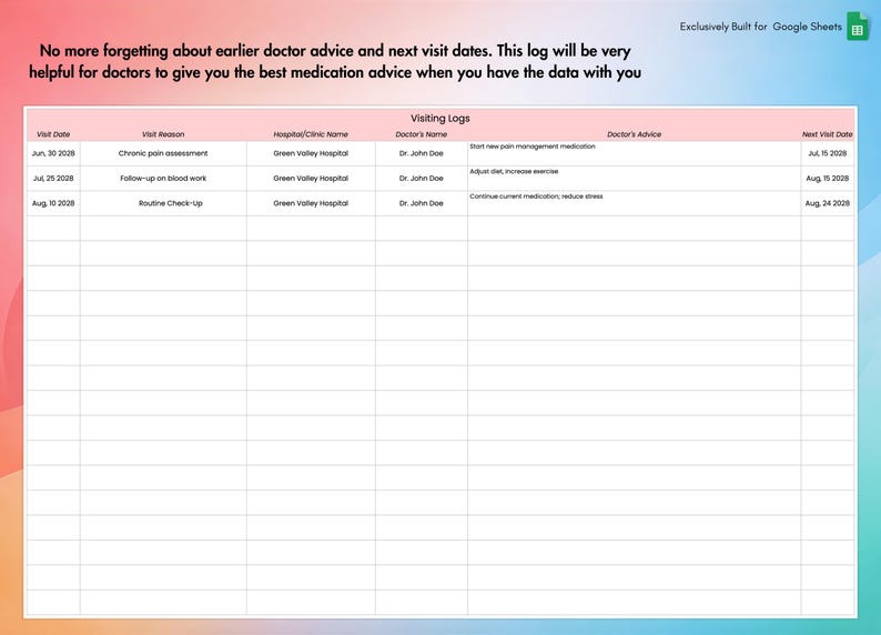Chronic Pain & Symptom Tracker for Google Sheets, Track Mood, Sleep, Stress Level, Energy Level,