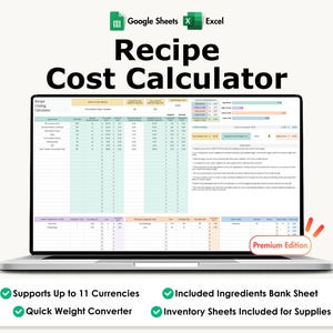 Calculadora de costos de recetas para Google Sheets y Excel. Herramienta para calcular el costo de los alimentos, los precios de las recetas y el margen de beneficio.