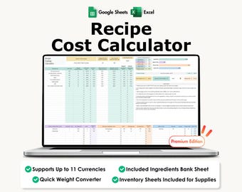 Calculadora de costos de recetas para Google Sheets y Excel. Herramienta para calcular el costo de los alimentos, los precios de las recetas y el margen de beneficio.