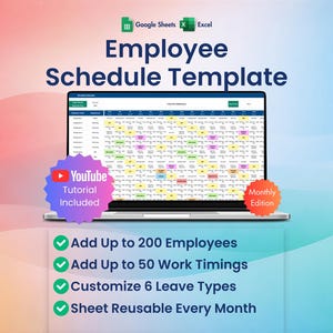 Modelo de escala mensal de funcionários para 2026 em Excel e Planilhas Google, tabela de horários da equipe, planejador de trabalho, escala de turnos editável.