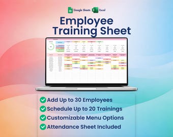 Employee Training Sheet, Excel, Google Sheets, Staff Planner, Attendance Tracker, HR Training Record
