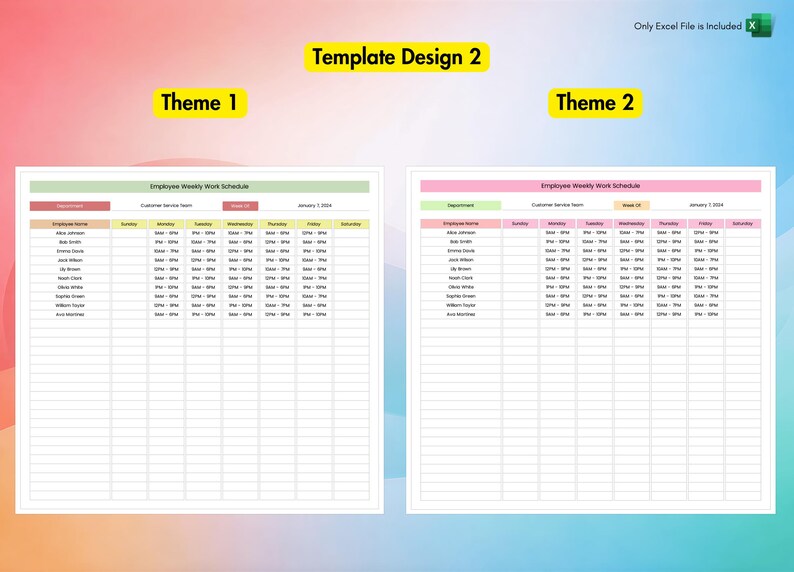 Employee Work Schedule for Excel | 4 Different Designs Spreadsheet Templates Included