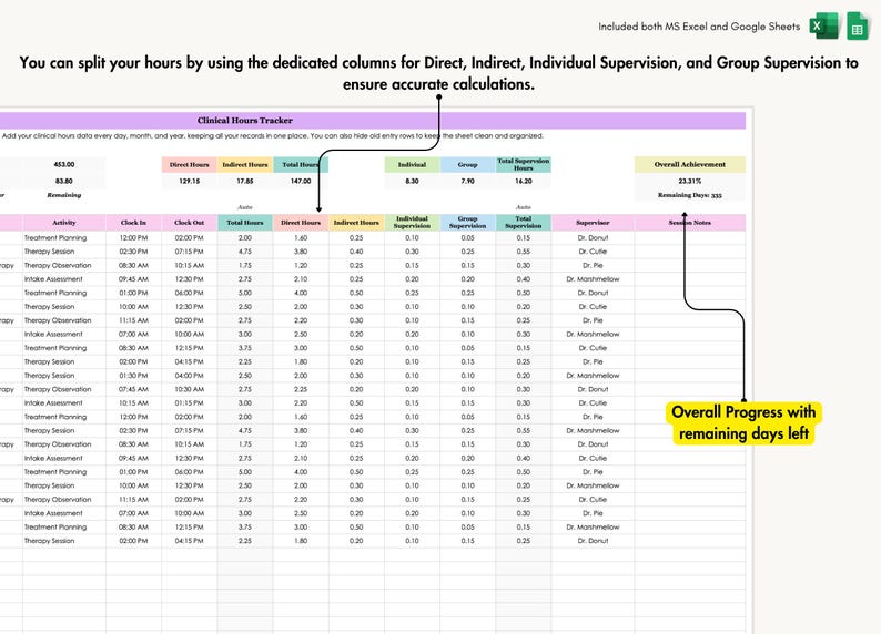 Clinical Hours Tracker, LCSW Supervision Log, Counseling Internship, Practicum, Therapy Spreadsheet Template
