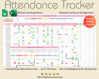 2024 Employee Attendance Tracker, Google Sheets, Attendance Spreadsheet, Employee Schedule, Leave, Absence, Early Out, Late In, Theme 2