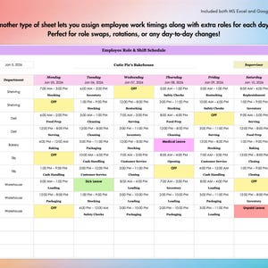 Employee schedule template with shifts and roles, easy to customize for teams, departments, or stores.