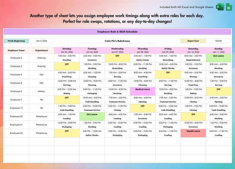 Employee schedule template with shifts and roles, easy to customize for teams, departments, or stores.