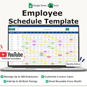 Employee Monthly Schedule Template Excel, Google Sheets, Staff Timetable, Work Planner, Editable Shift Schedule,
