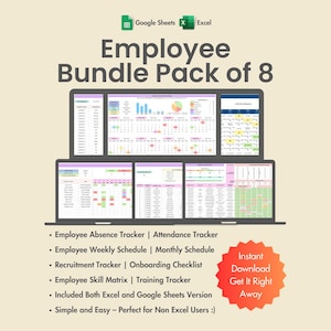 Employee Templates Bundle, Attendance, Absence, Schedule, New Hire Onboarding, Recruitment, Skill Matrix, Training Tracker,