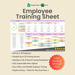 Trainingsblad voor medewerkers, Excel, Google Spreadsheets, trainingslogboek personeel, certificeringstracker, ontwikkelingsschema, thema 1)