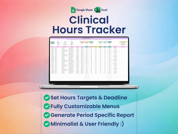Clinical Hours Tracker, LCSW Supervision Log, Counseling Internship, Practicum, Therapy Spreadsheet Template
