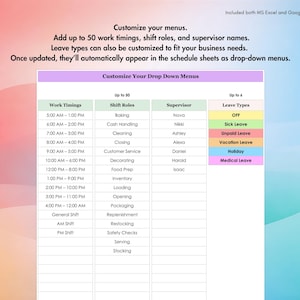 Employee schedule template with shifts and roles, easy to customize for teams, departments, or stores.