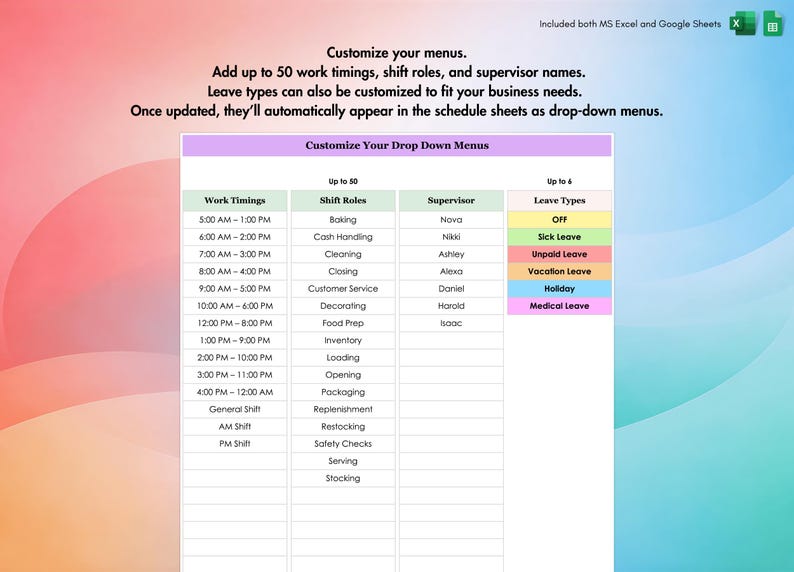 Employee schedule template with shifts and roles, easy to customize for teams, departments, or stores.