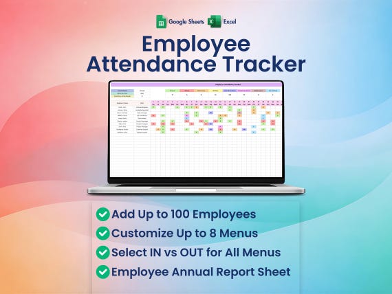 Employee Attendance Tracker, Excel, Google Sheets, Absence, Sick Leave, Early Out, Late In,