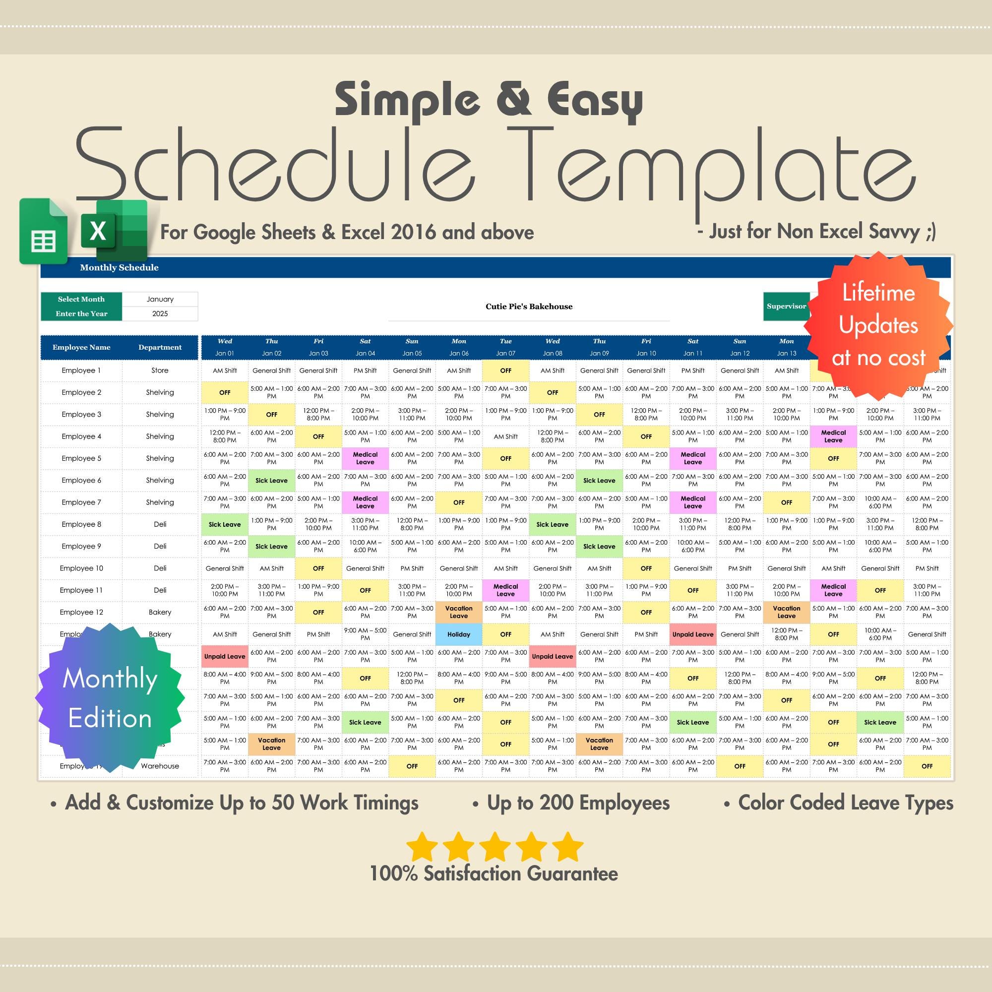 Employee Monthly Schedule Template: Excel & Google Sheets Template