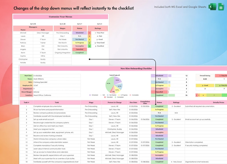 New Hire Onboarding Checklist, Excel, Google Sheets, Employee Process, HR Templates, Hiring Plan, Theme 2