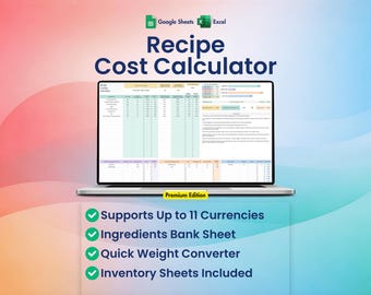 Recipe Costing Calculator for Google Sheets & Excel Food Cost Recipe Pricing Profit Margin Tool